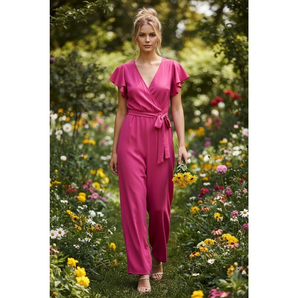 Vince Camuto Pink Flutter Sleeve Tie-Waist Wide Leg Jumpsuit Sz L